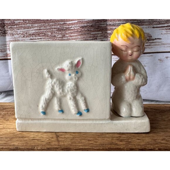 Vintage Ceramic Praying Child & Lamb Figurine Planter - Picture 1 of 10